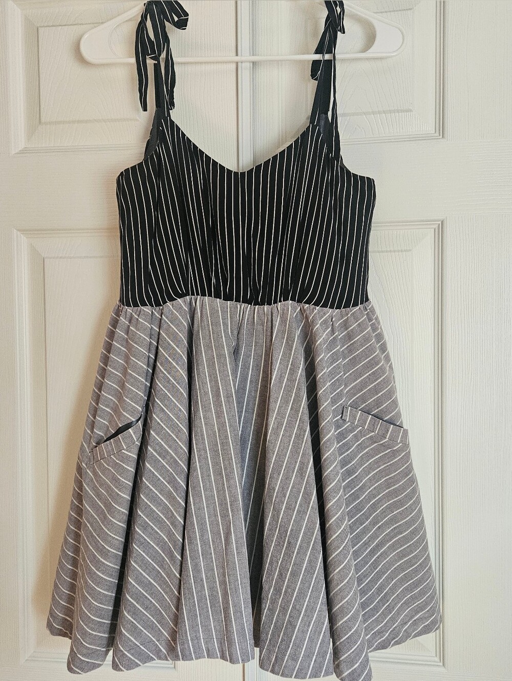 Vintage Charm Gray Pinstripe Navy Dress